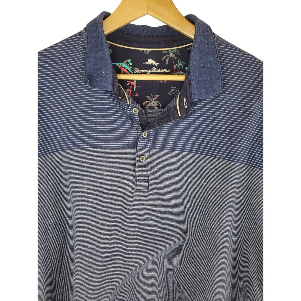 Tommy Bahama Polo Shirt Mens 2XL Navy Striped Short Sleeve Cotton